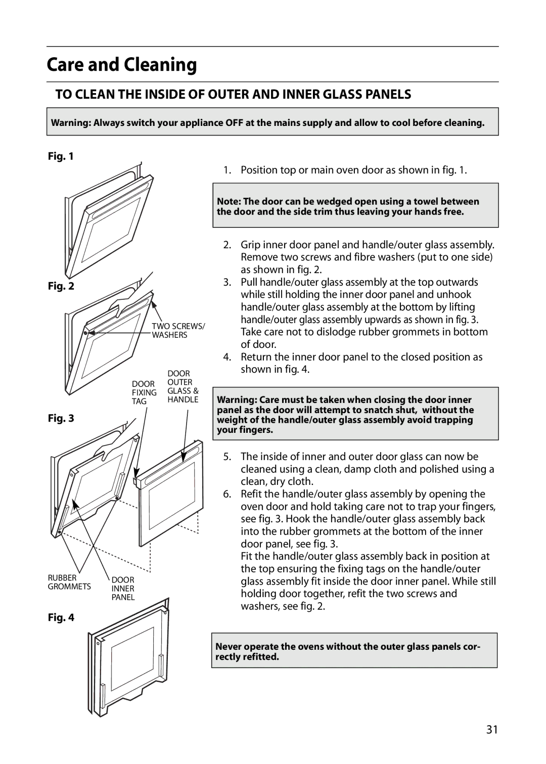 Creda E420E, R420E manual To Clean the Inside of Outer and Inner Glass Panels, Clean, dry cloth 