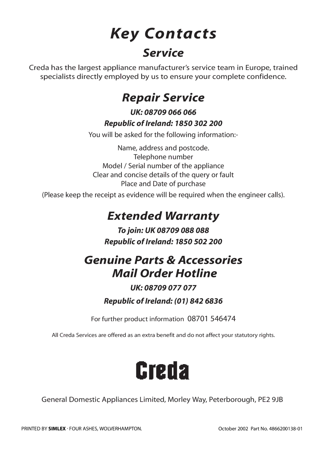 Creda R420E, E420E manual Key Contacts 