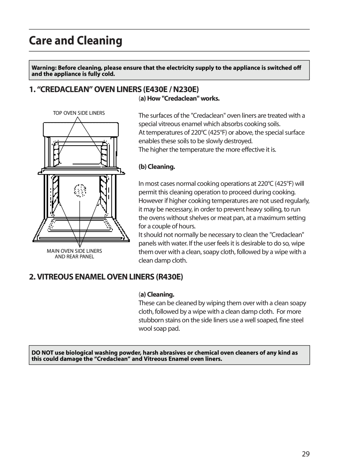 Creda Care and Cleaning, Credaclean Oven Liners E430E / N230E, Vitreous Enamel Oven Liners R430E, How Credaclean works 