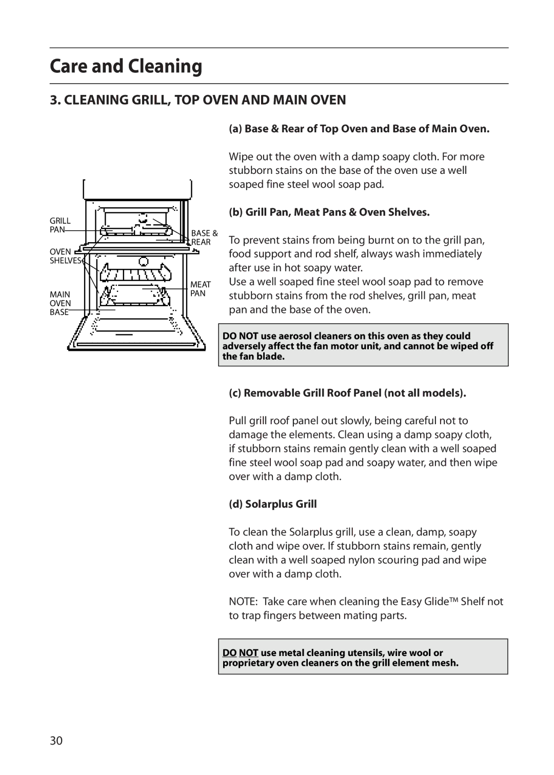 Creda R430E, E430E, N230E manual Cleaning GRILL, TOP Oven and Main Oven, Grill Pan, Meat Pans & Oven Shelves, Solarplus Grill 