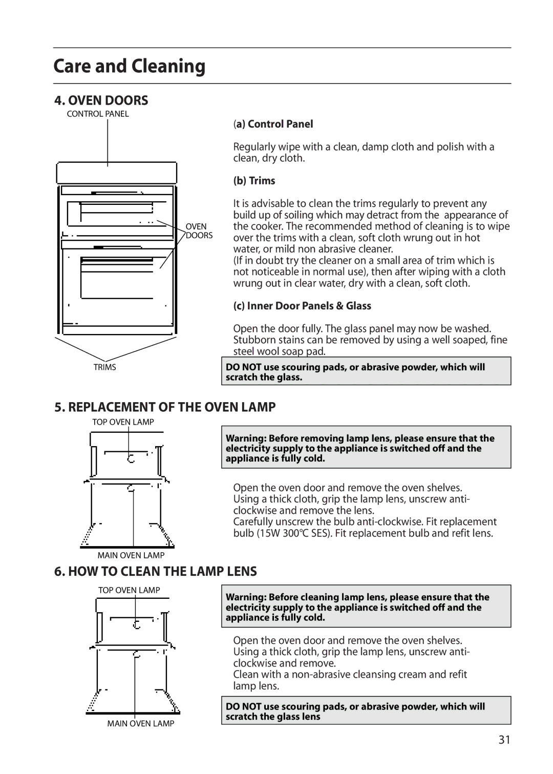 Creda E430E, R430E, N230E manual Oven Doors, Replacement of the Oven Lamp, HOW to Clean the Lamp Lens 