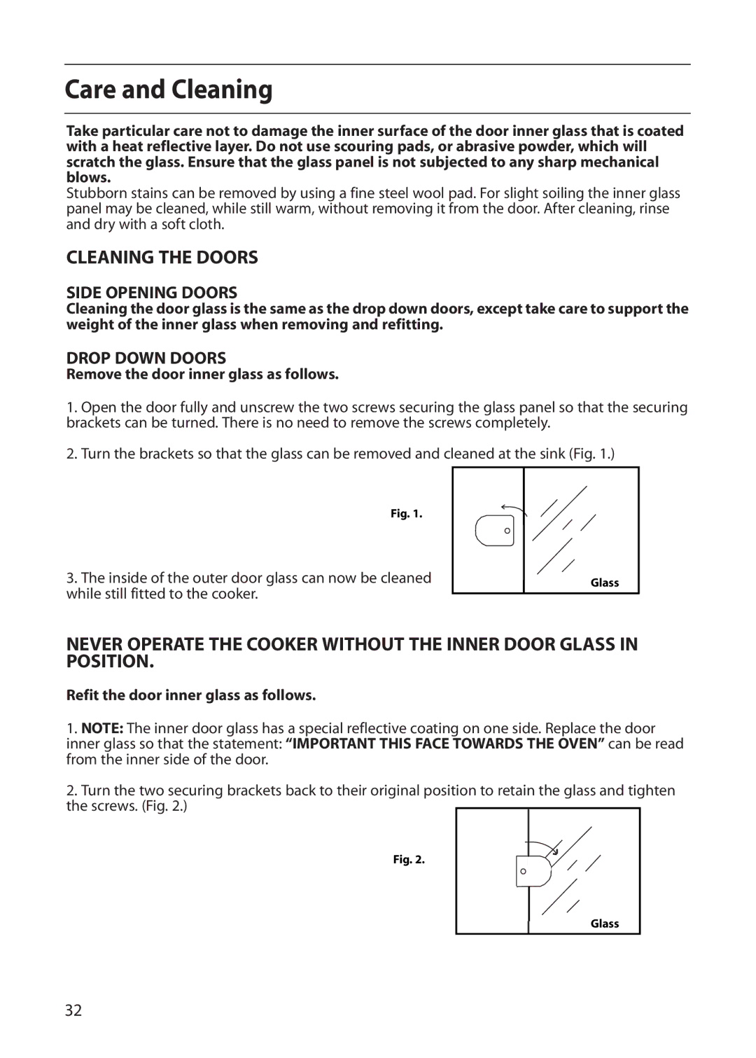 Creda N230E, R430E, E430E Cleaning the Doors, Remove the door inner glass as follows, Refit the door inner glass as follows 