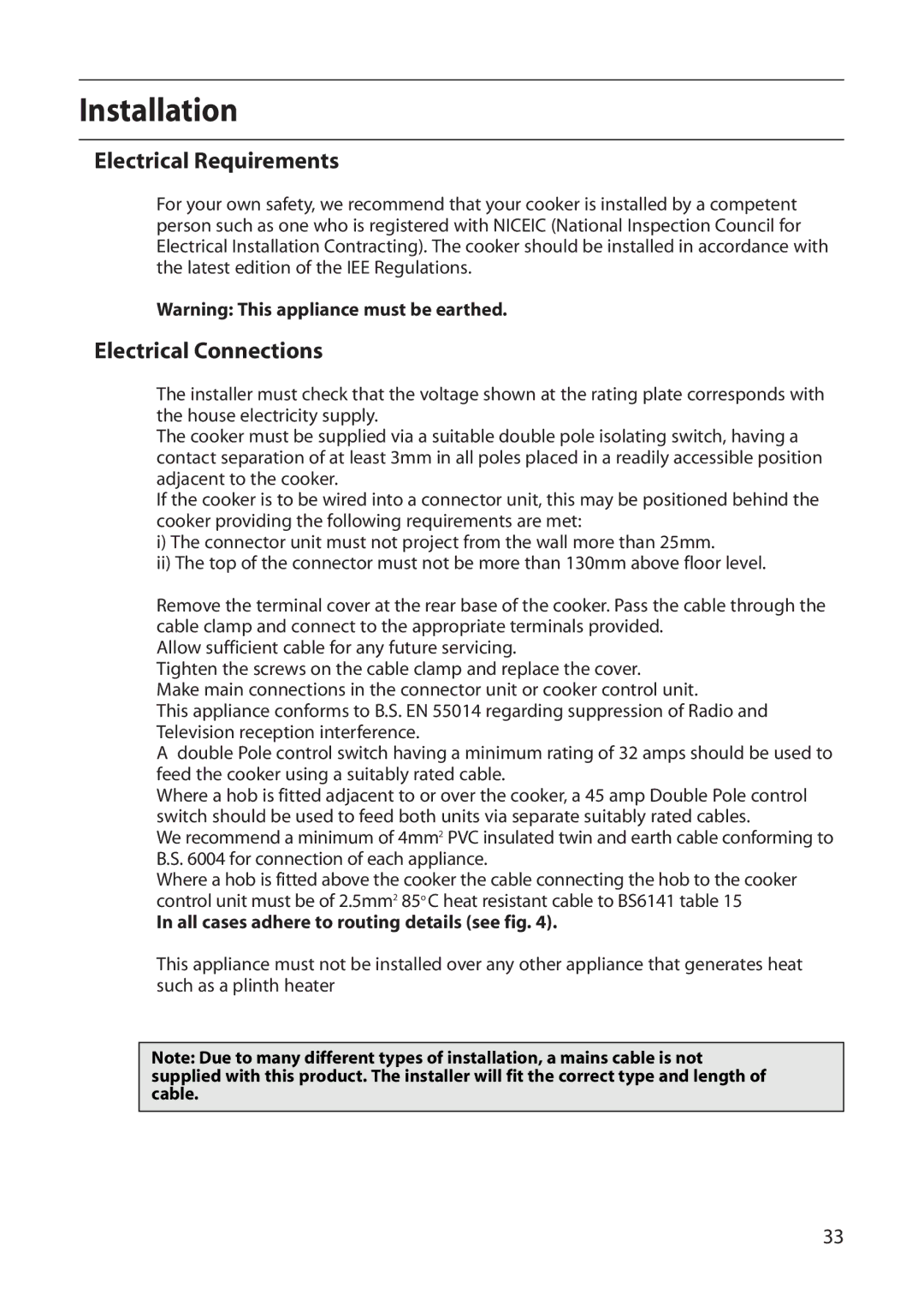 Creda R430E Installation, Electrical Requirements, Electrical Connections, All cases adhere to routing details see fig 