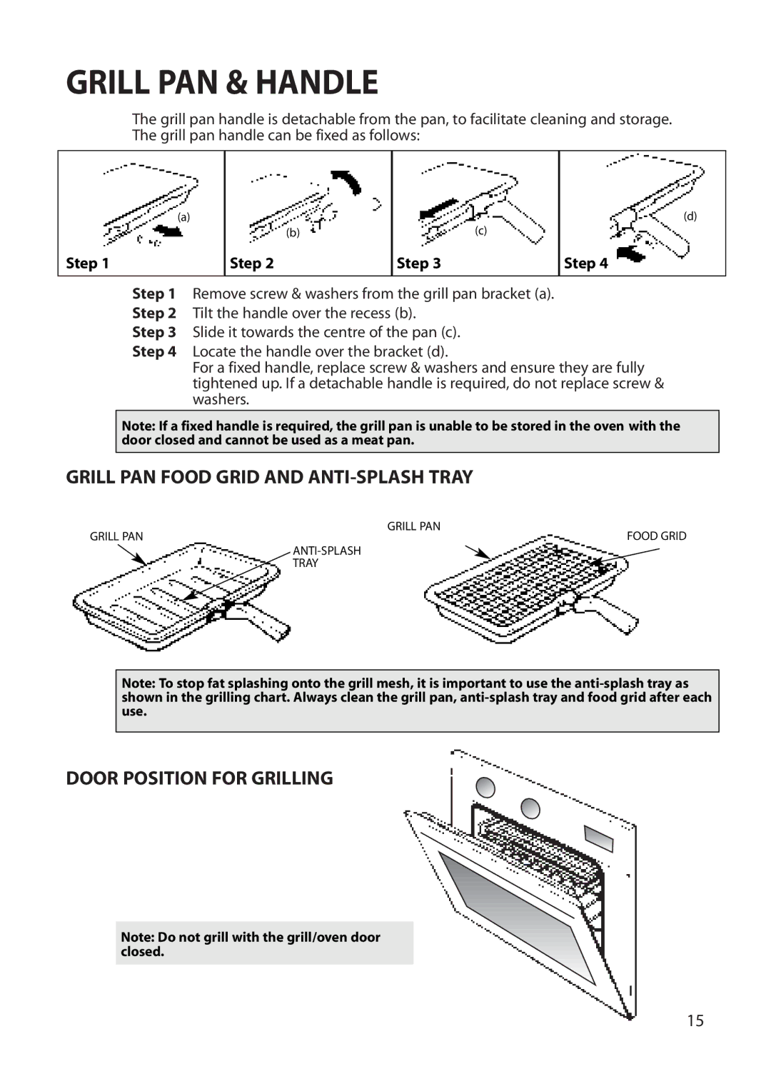 Creda REFLECTION manual Grill PAN & Handle, Grill PAN Food Grid and ANTI-SPLASH Tray, Door Position for Grilling, Step 