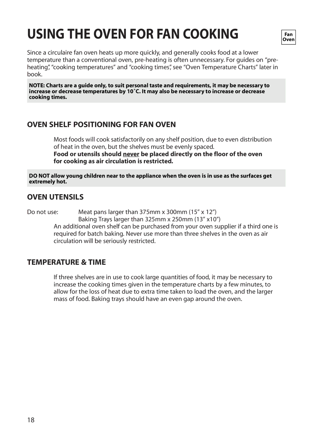 Creda REFLECTION manual Oven Shelf Positioning for FAN Oven, Oven Utensils, Temperature & Time 