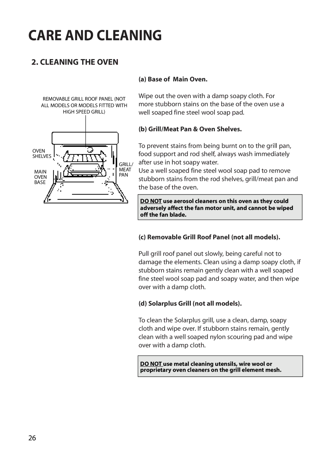 Creda REFLECTION manual Cleaning the Oven, Base of Main Oven, Grill/Meat Pan & Oven Shelves, Solarplus Grill not all models 