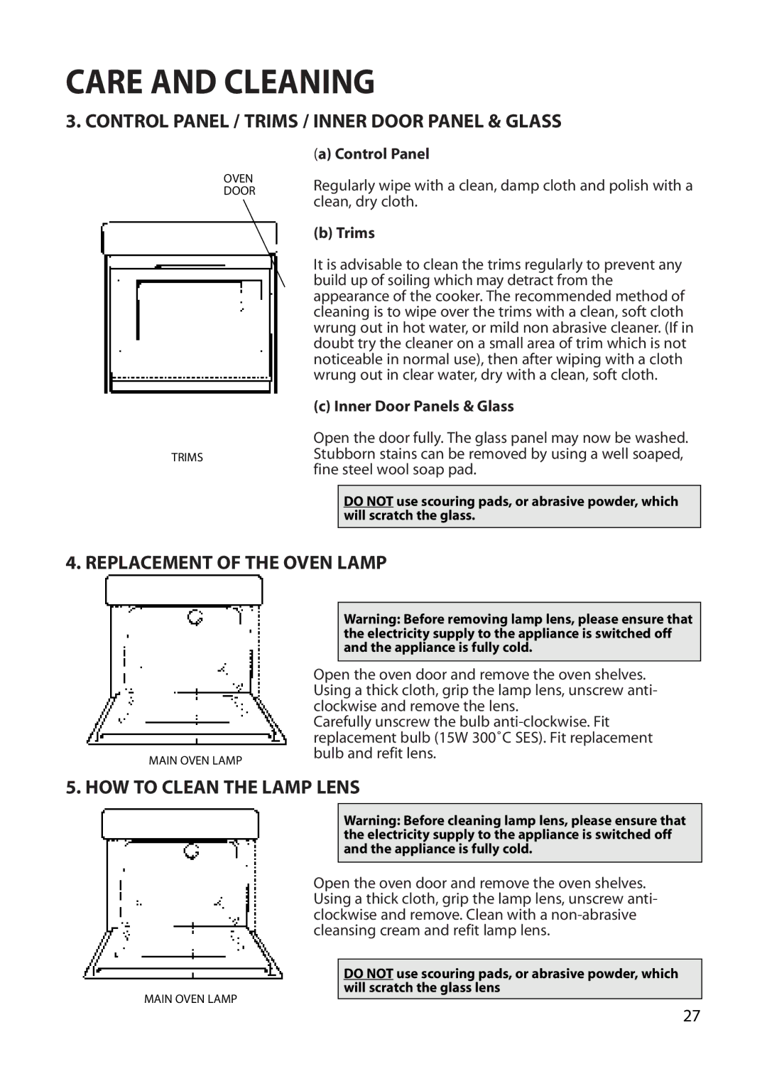 Creda REFLECTION manual Control Panel / Trims / Inner Door Panel & Glass, Replacement of the Oven Lamp 