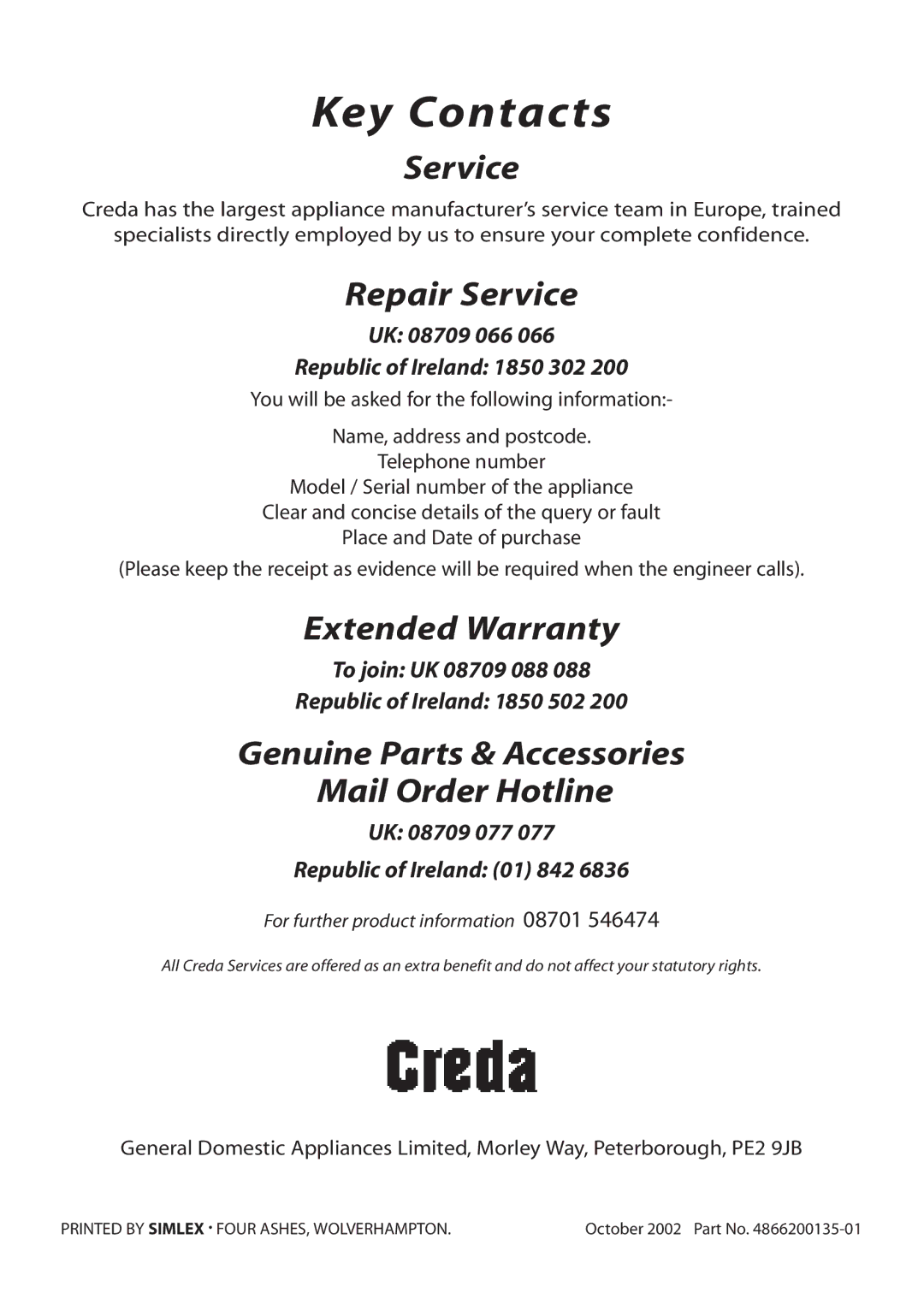 Creda REFLECTION manual Key Contacts 