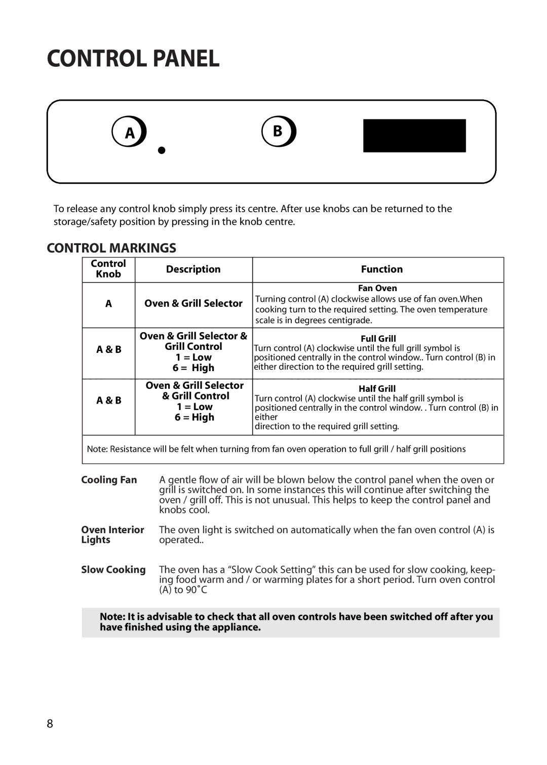 Creda REFLECTION manual Control Panel, Control Markings 