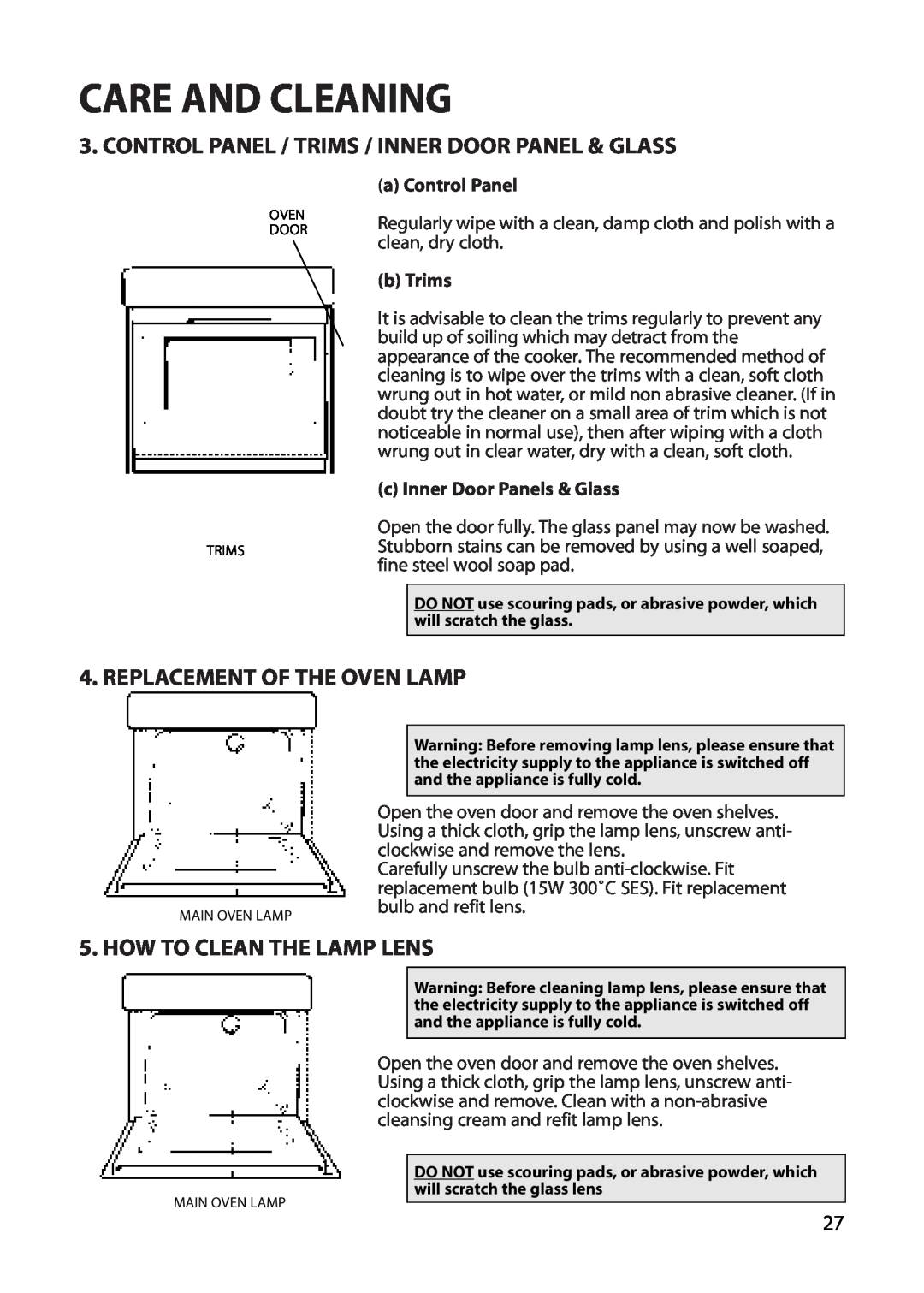 Creda REFLECTION Care And Cleaning, Replacement Of The Oven Lamp, How To Clean The Lamp Lens, a Control Panel, b Trims 