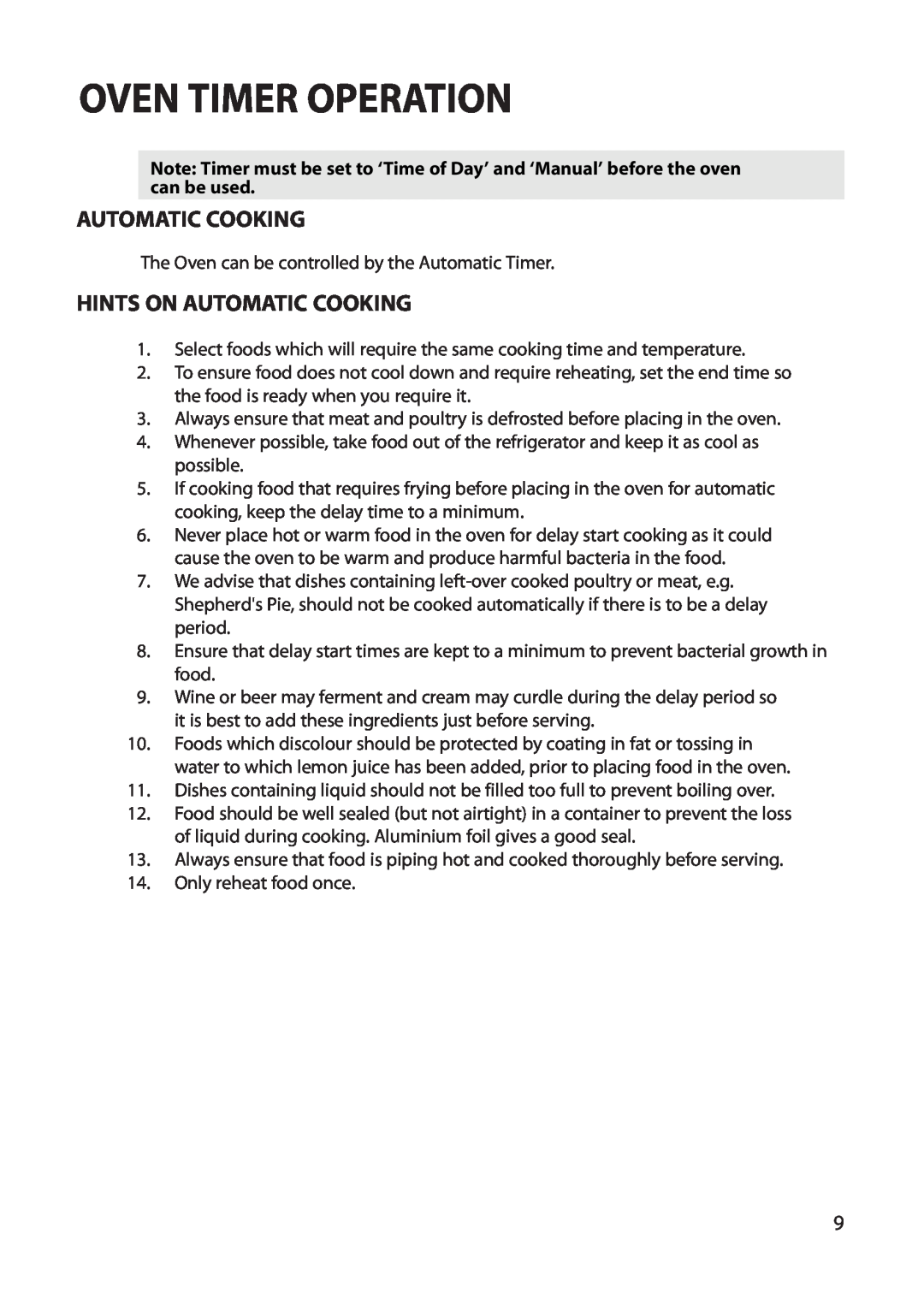 Creda REFLECTION manual Oven Timer Operation, Hints On Automatic Cooking 