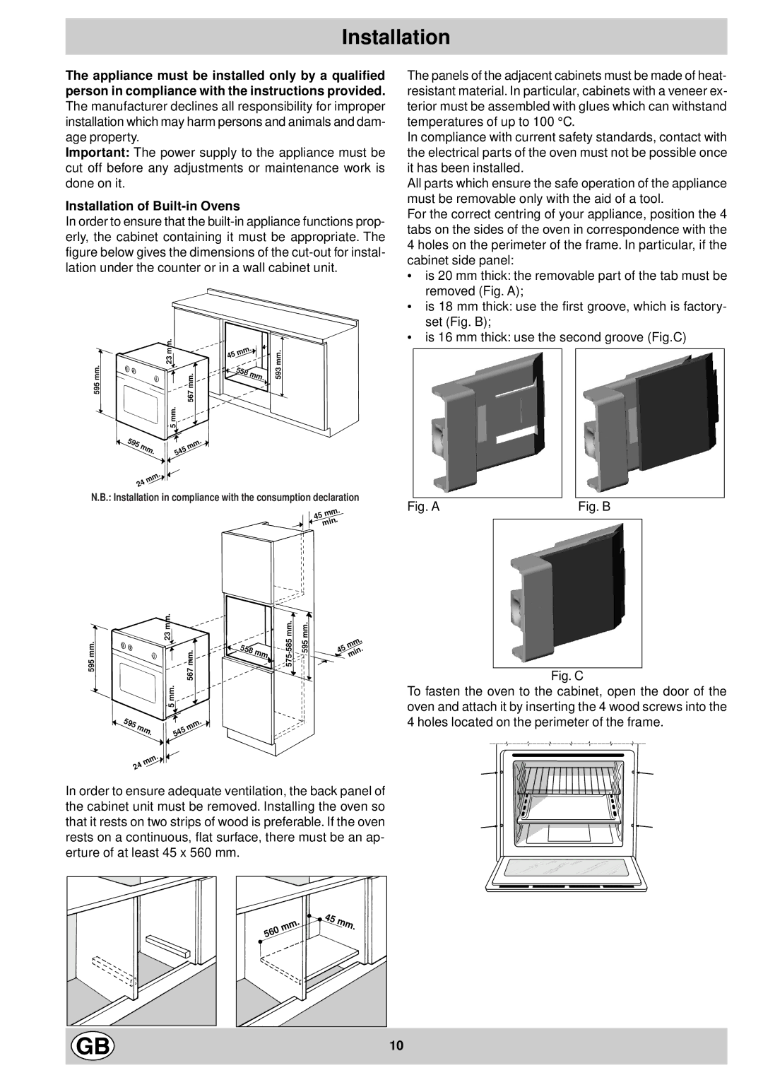 Creda S036E manual Installation of Built-in Ovens 