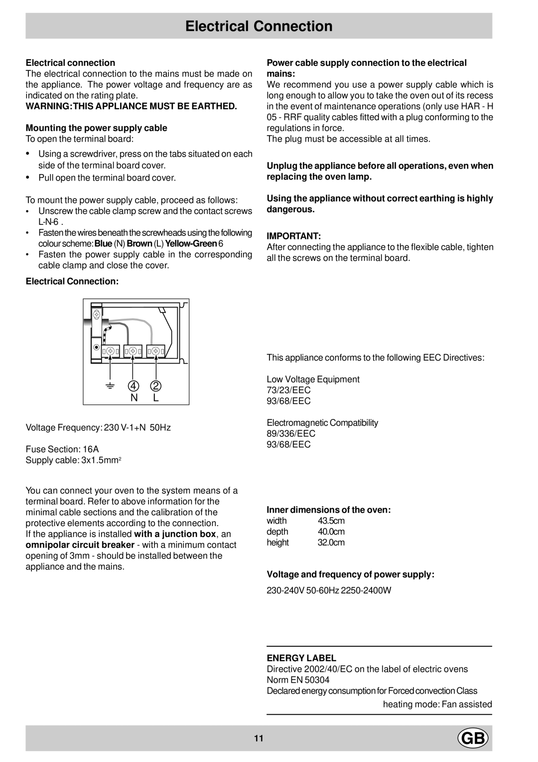 Creda S036E Electrical Connection, Electrical connection, Mounting the power supply cable, Inner dimensions of the oven 