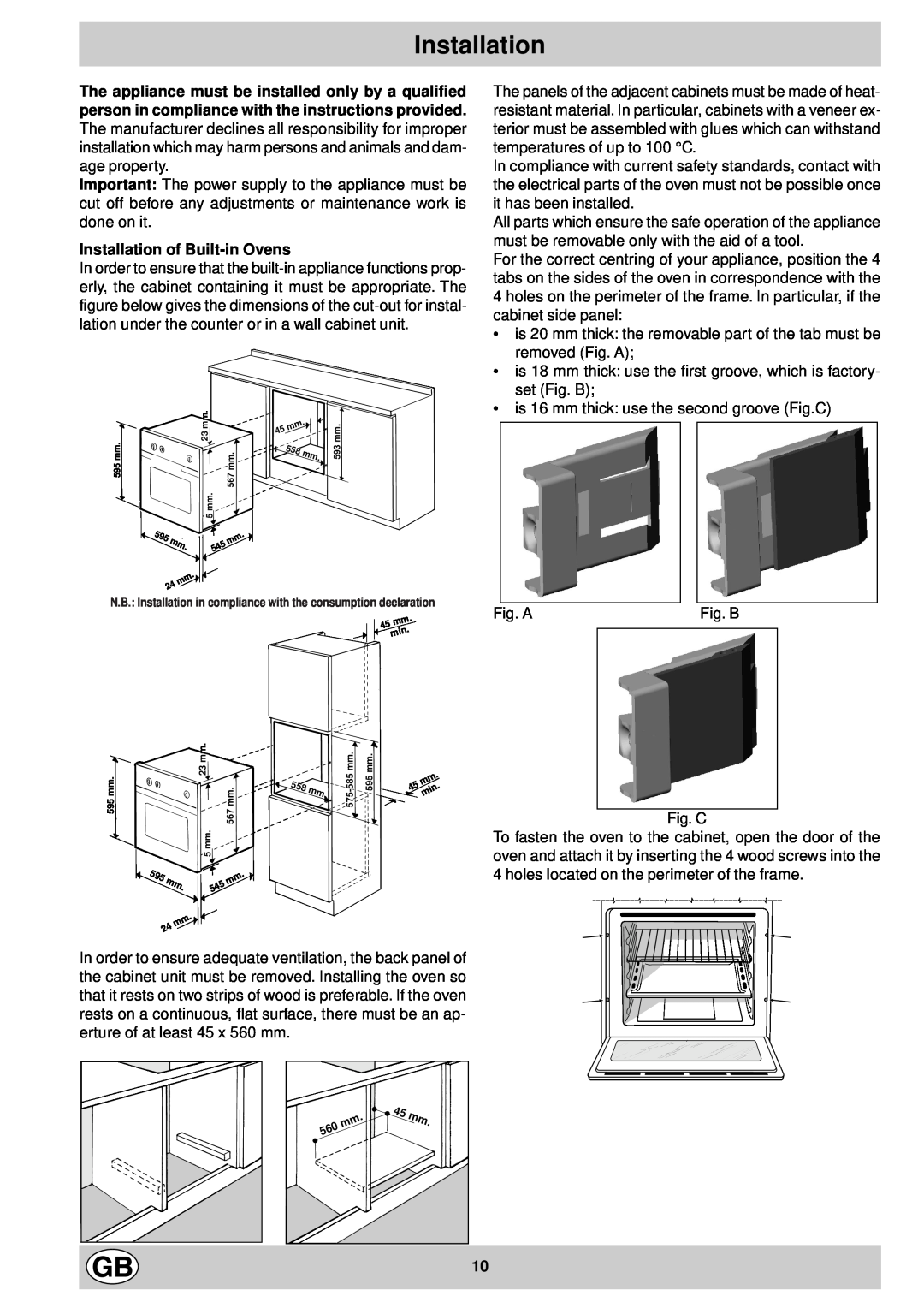 Creda S036E manual Installation of Built-in Ovens 