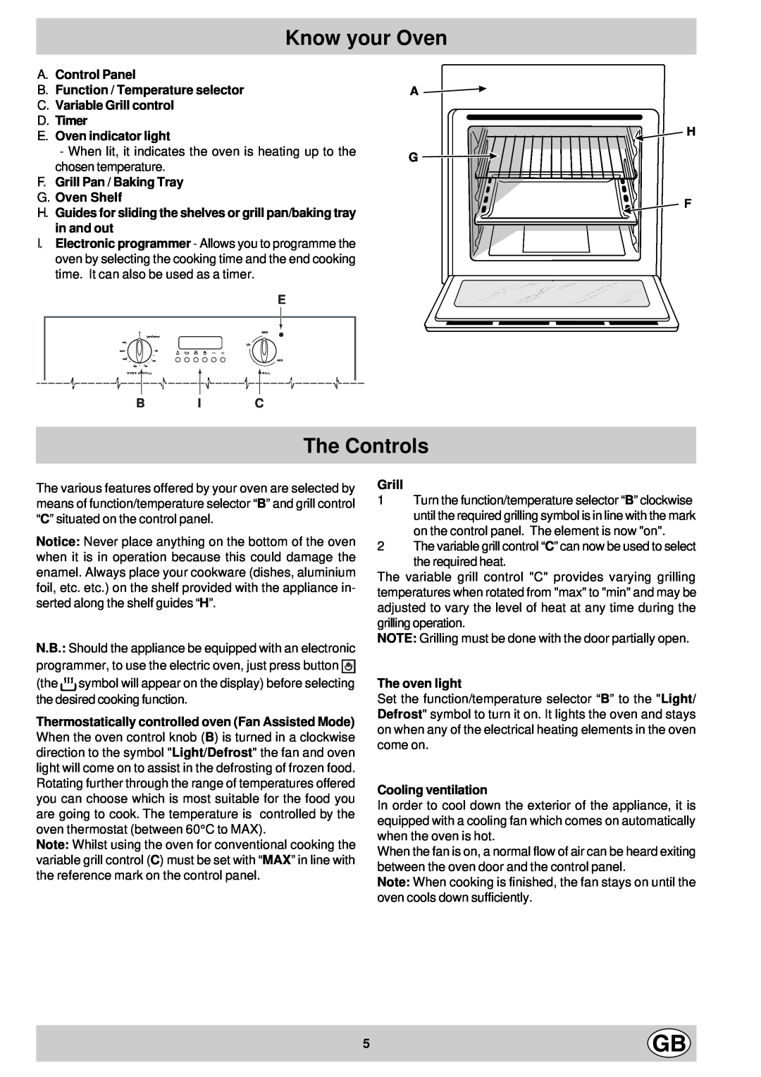 Creda S036E manual Know your Oven, The Controls, A. Control Panel B. Function / Temperature selector, A H G F, Grill 