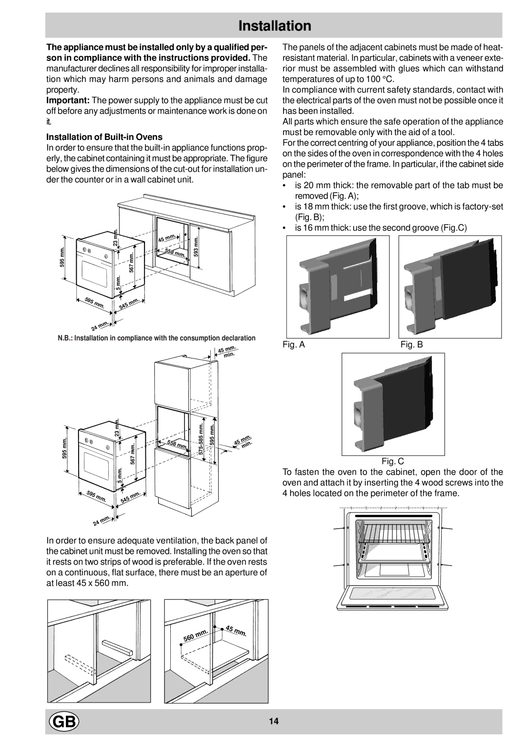 Creda S077E manual Installation of Built-in Ovens 