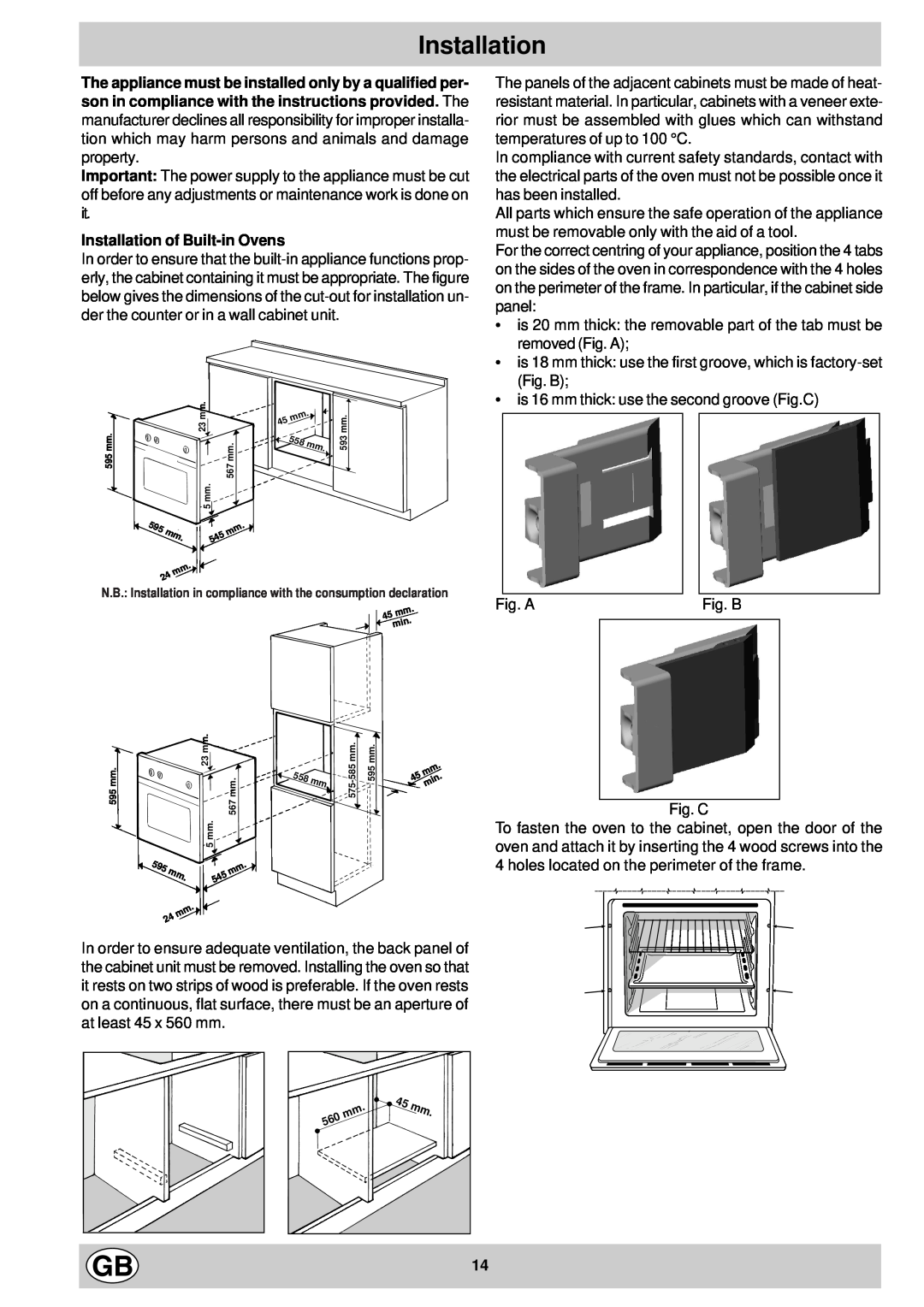 Creda S077E manual Installation of Built-in Ovens 