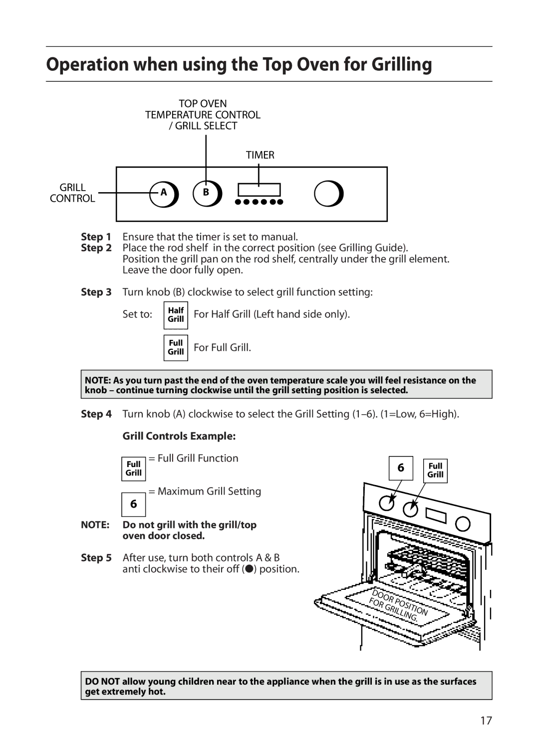 Creda S130E manual Operation when using the Top Oven for Grilling, Grill Controls Example 