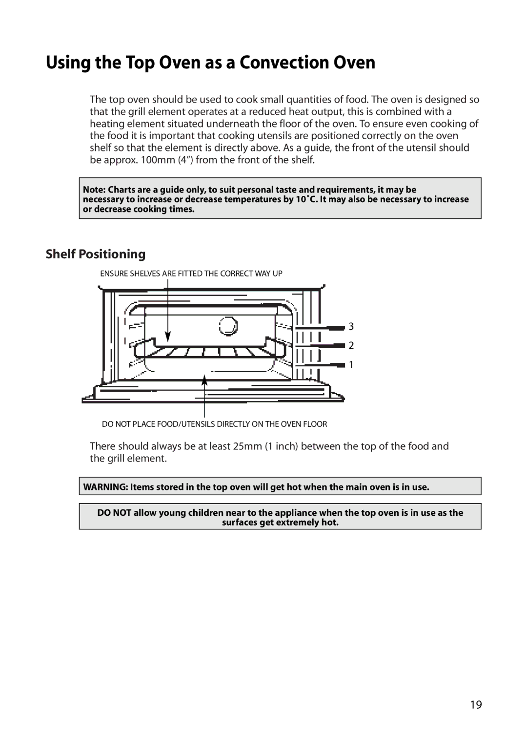 Creda S130E manual Using the Top Oven as a Convection Oven, Shelf Positioning 