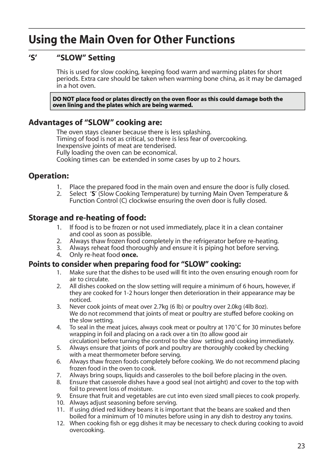 Creda S130E manual ‘S’ Slow Setting, Advantages of Slow cooking are, Operation, Storage and re-heating of food 