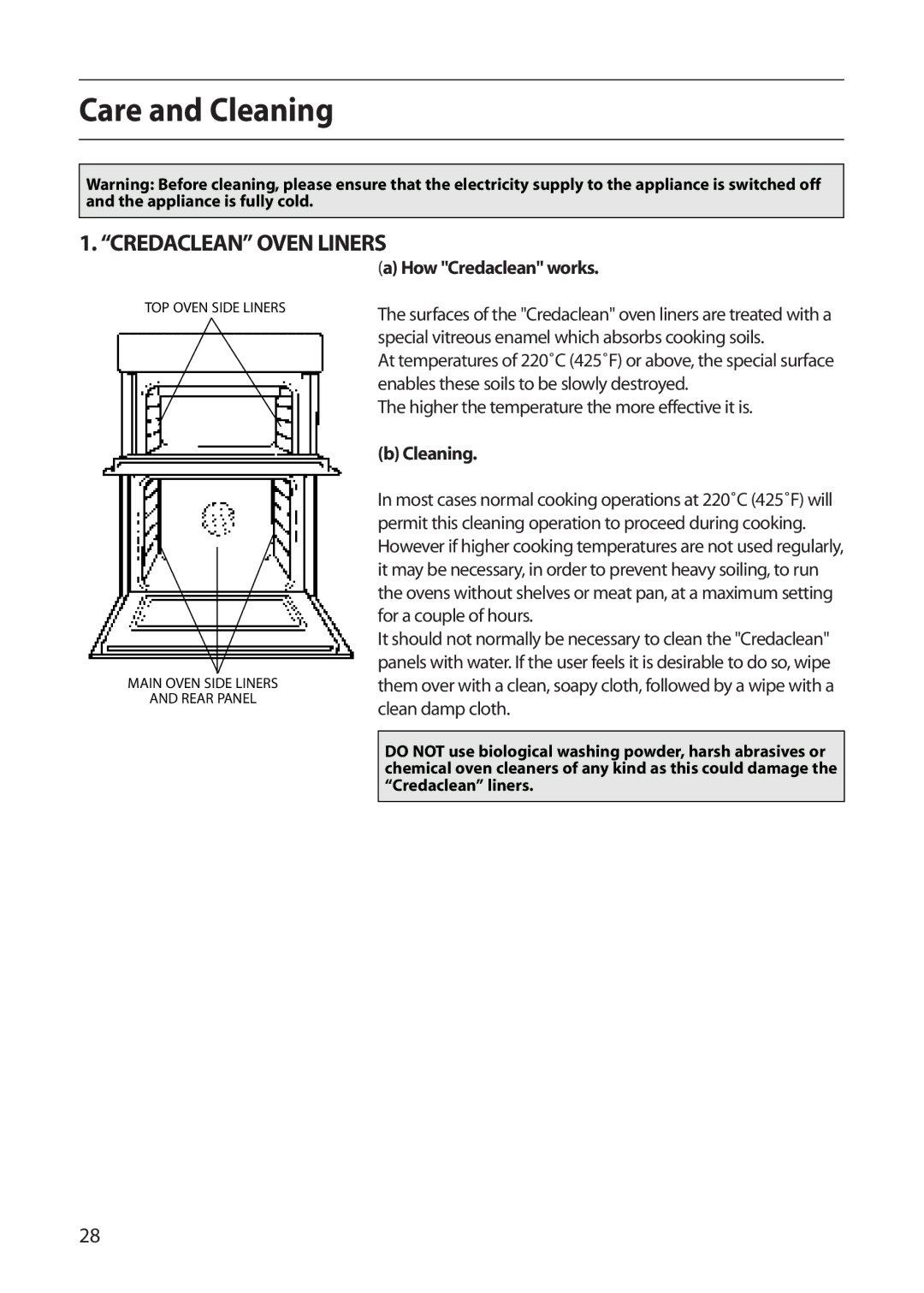 Creda S130E manual Care and Cleaning, Credaclean Oven Liners, How Credaclean works 