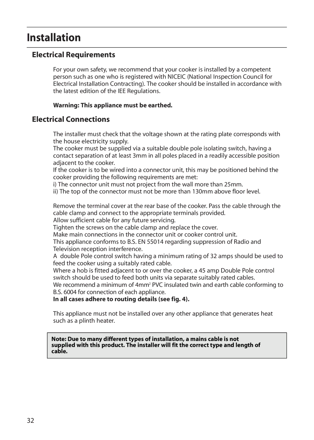 Creda S130E Installation, Electrical Requirements, Electrical Connections, All cases adhere to routing details see fig 