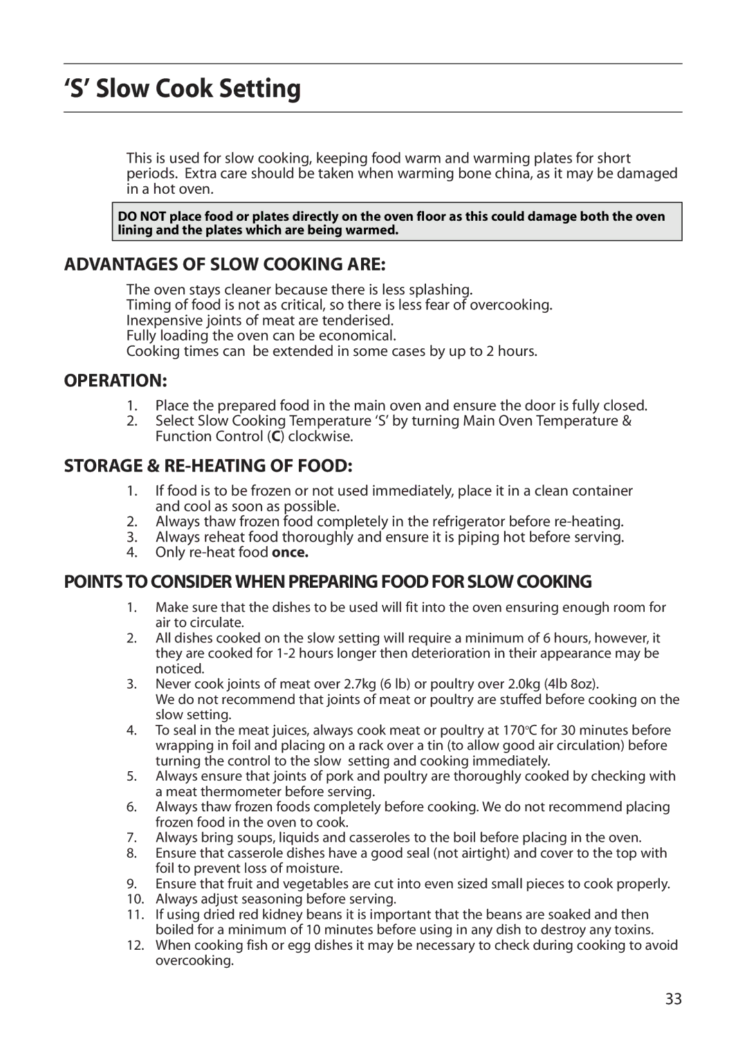 Creda S150E manual ‘S’ Slow Cook Setting, Advantages of Slow Cooking are, Operation, Storage & RE-HEATING of Food 