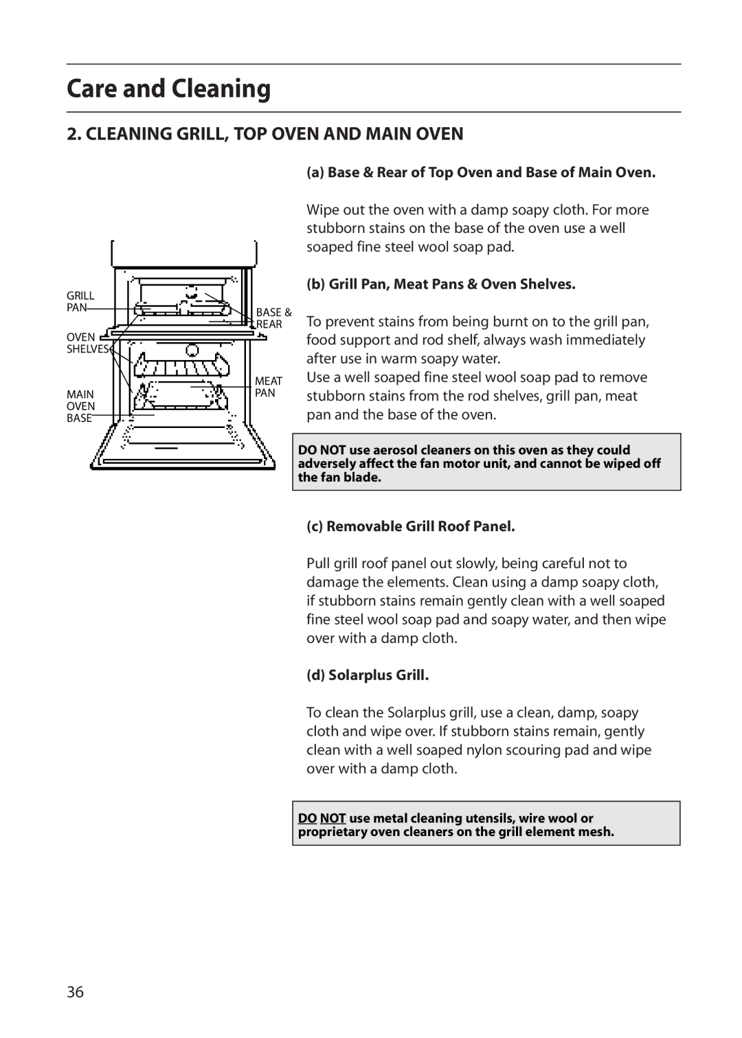 Creda S150E manual Cleaning GRILL, TOP Oven and Main Oven, Grill Pan, Meat Pans & Oven Shelves, Removable Grill Roof Panel 