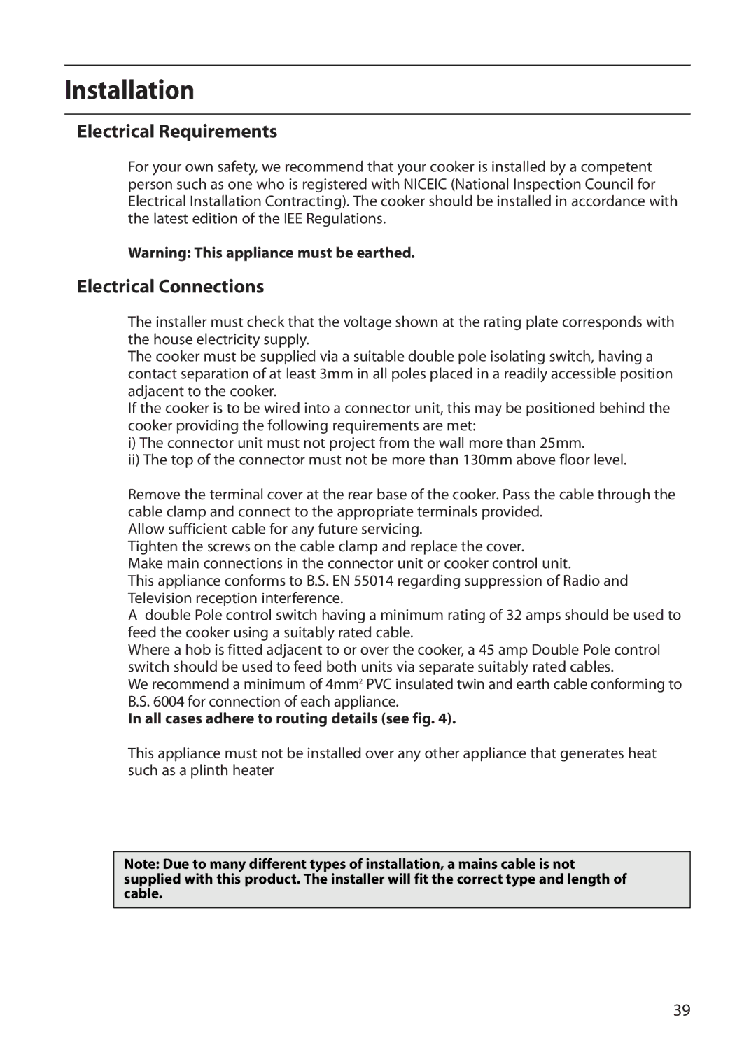 Creda S150E manual Installation, All cases adhere to routing details see fig 