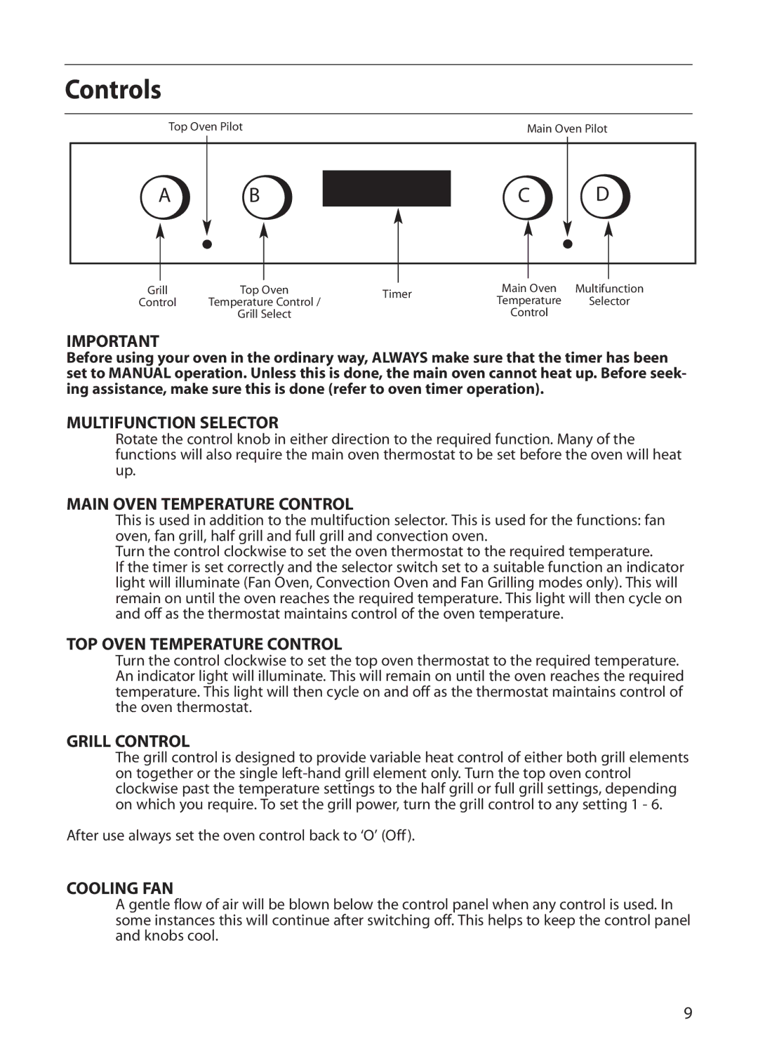 Creda S150E manual Controls, After use always set the oven control back to ‘O’ Off 