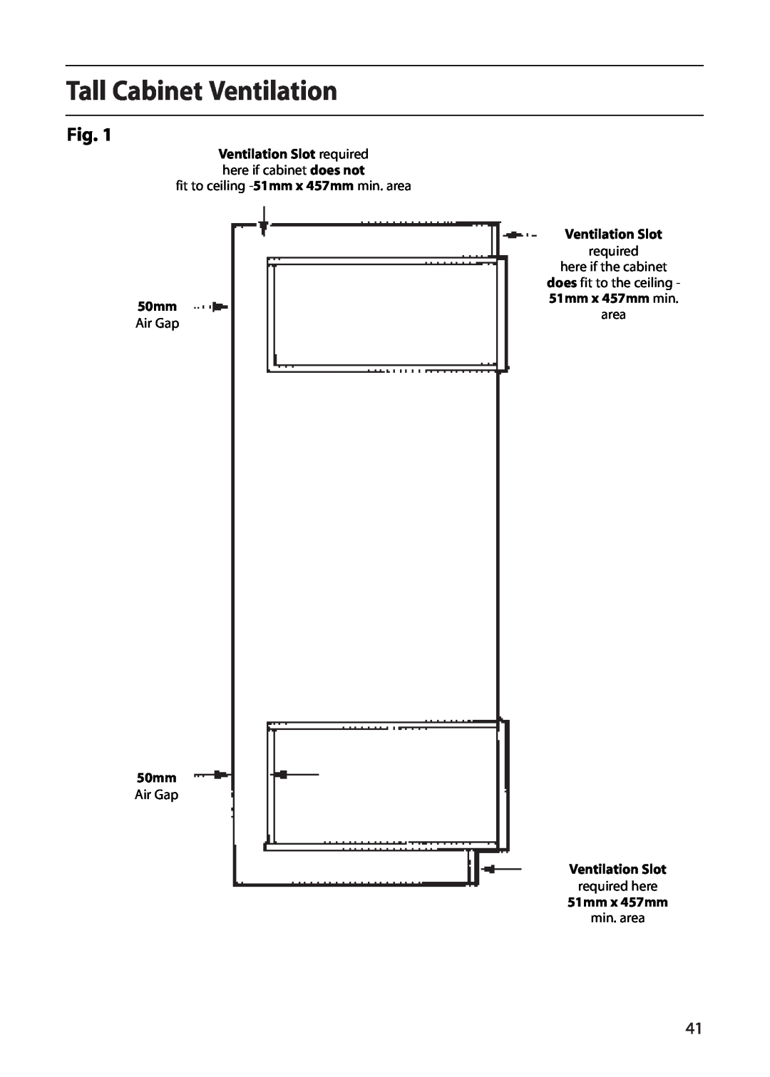 Creda S150E manual Tall Cabinet Ventilation, 50mm, Ventilation Slot, 51mm x 457mm 
