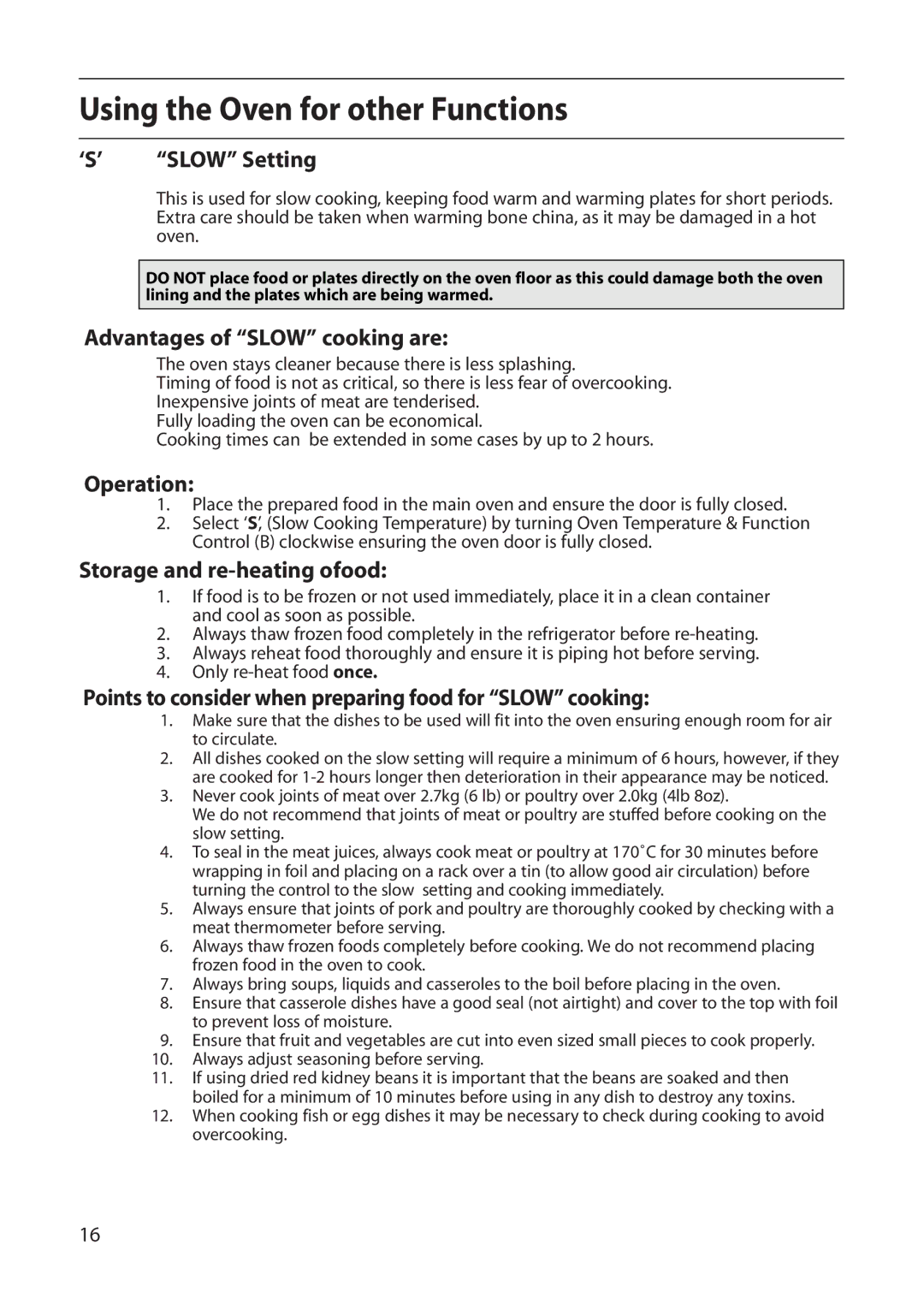 Creda S220E manual ‘S’ Slow Setting, Advantages of Slow cooking are, Operation, Storage and re-heating ofood 