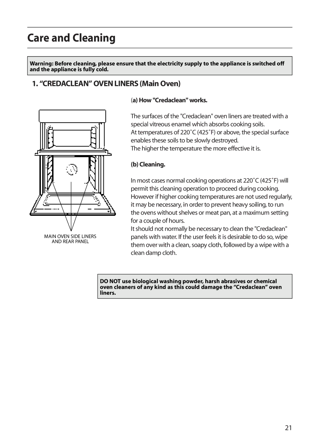 Creda S220E manual Care and Cleaning, Credaclean Oven Liners Main Oven, How Credaclean works 