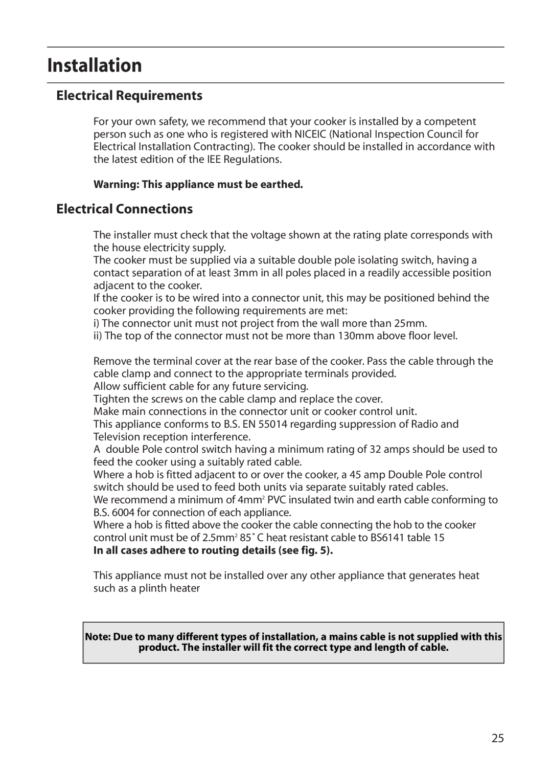 Creda S220E Installation, Electrical Requirements, Electrical Connections, All cases adhere to routing details see fig 