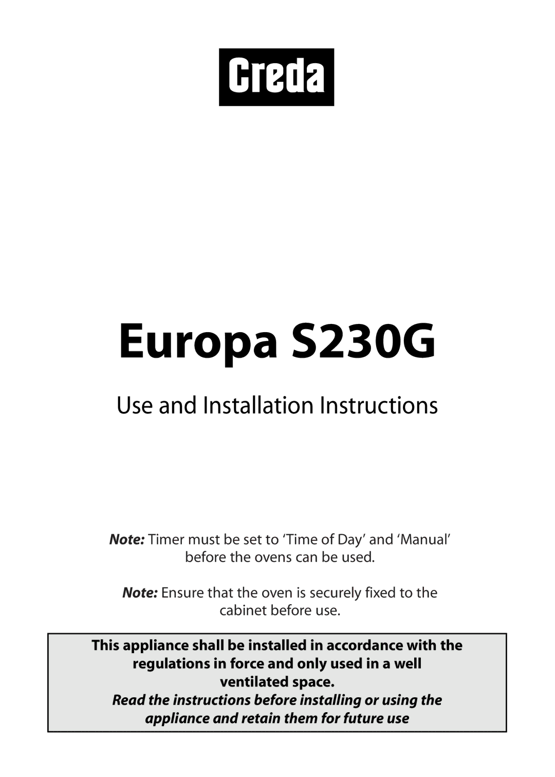 Creda installation instructions Europa S230G 