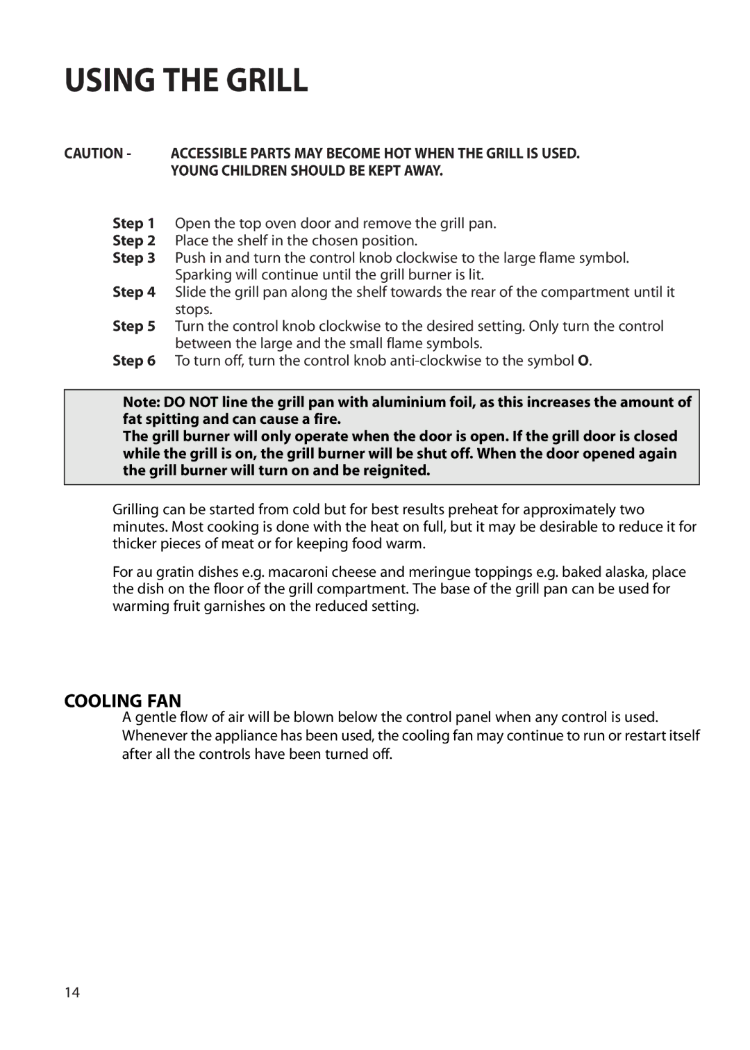 Creda S230G installation instructions Using the Grill, Cooling FAN 