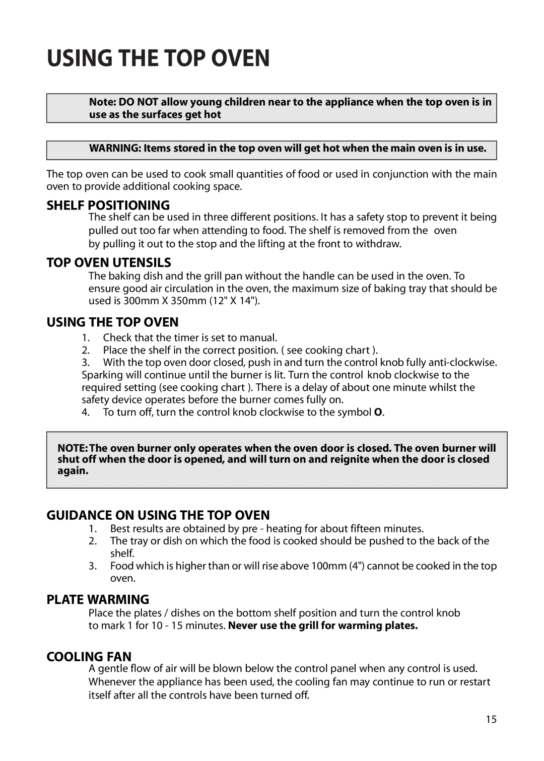 Creda S230G installation instructions Using the TOP Oven 