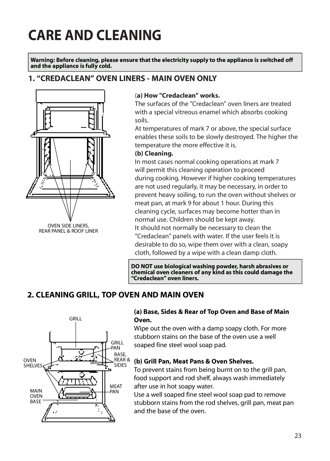 Creda S230G Care and Cleaning, Credaclean Oven Liners Main Oven only, Cleaning GRILL, TOP Oven and Main Oven 