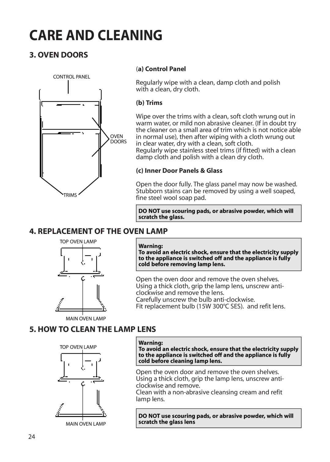 Creda S230G installation instructions Oven Doors, Replacement of the Oven Lamp, HOW to Clean the Lamp Lens 