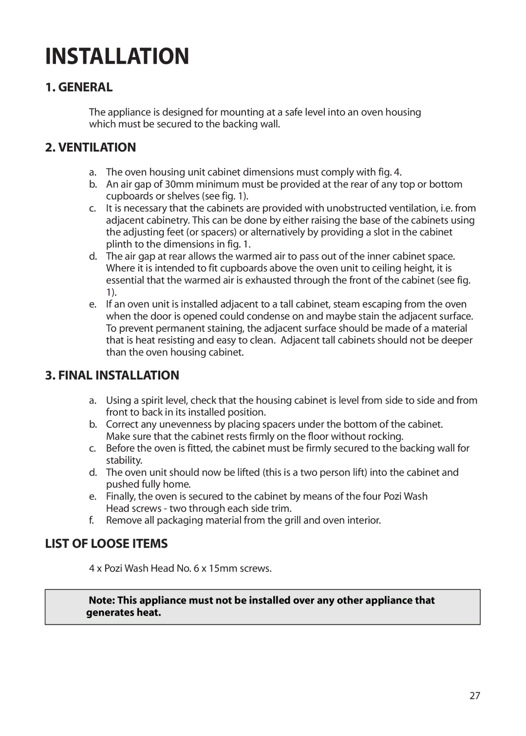 Creda S230G installation instructions General, Ventilation, Final Installation, List of Loose Items 