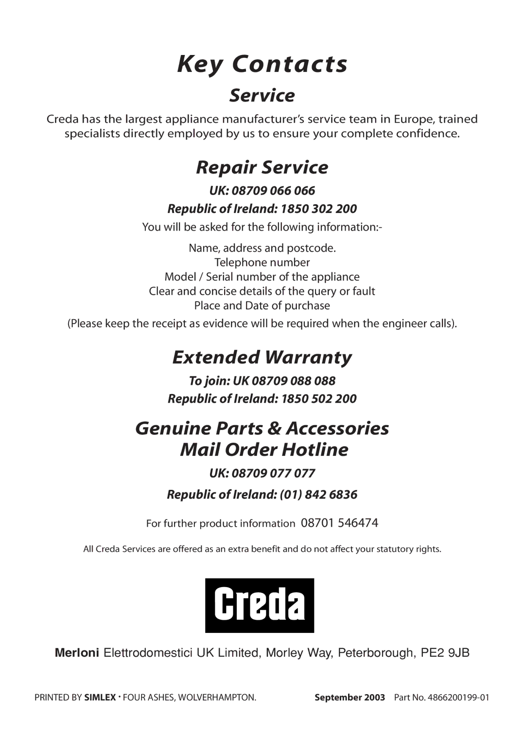 Creda S230G installation instructions Key Contacts 