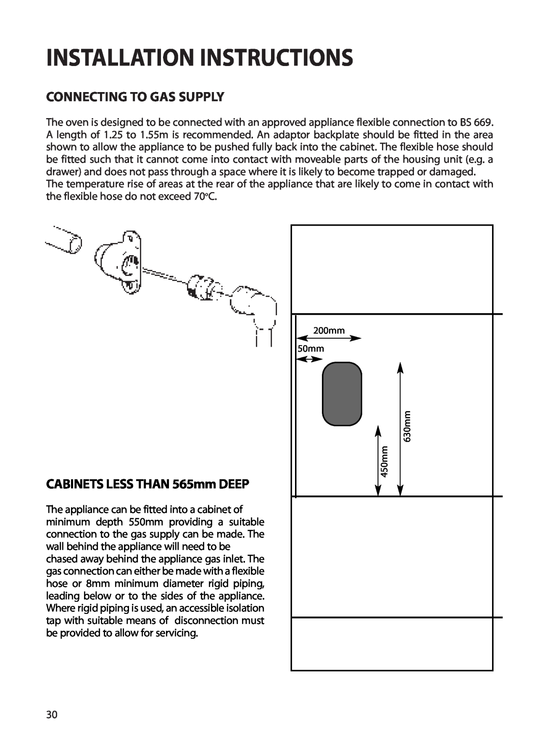 Creda S230G installation instructions Installation Instructions, Connecting To Gas Supply, CABINETS LESS THAN 565mm DEEP 