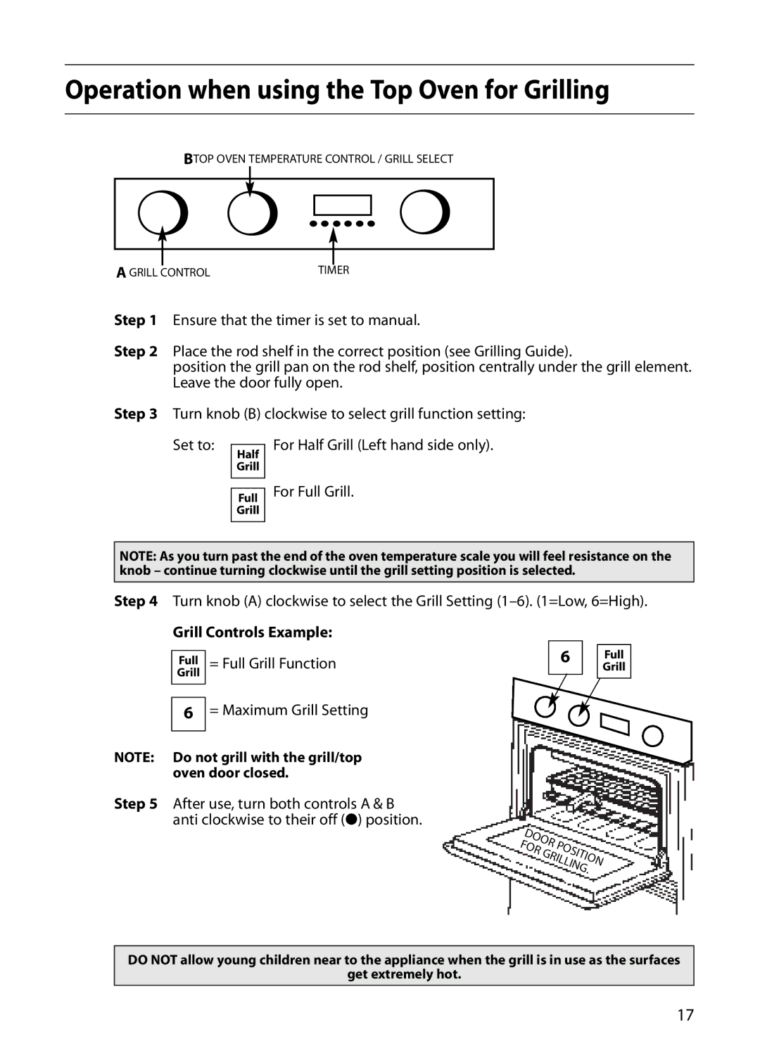 Creda S420E Operation when using the Top Oven for Grilling, For Full Grill, Grill Controls Example, = Full Grill Function 