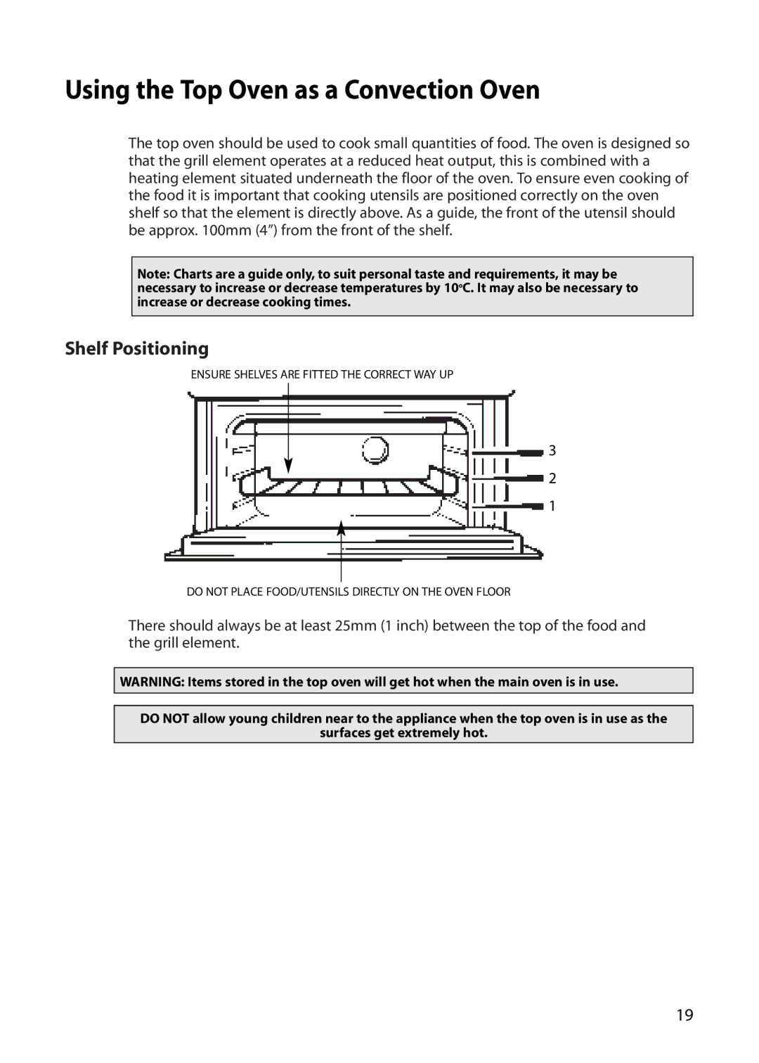 Creda S420E manual Using the Top Oven as a Convection Oven, Shelf Positioning 