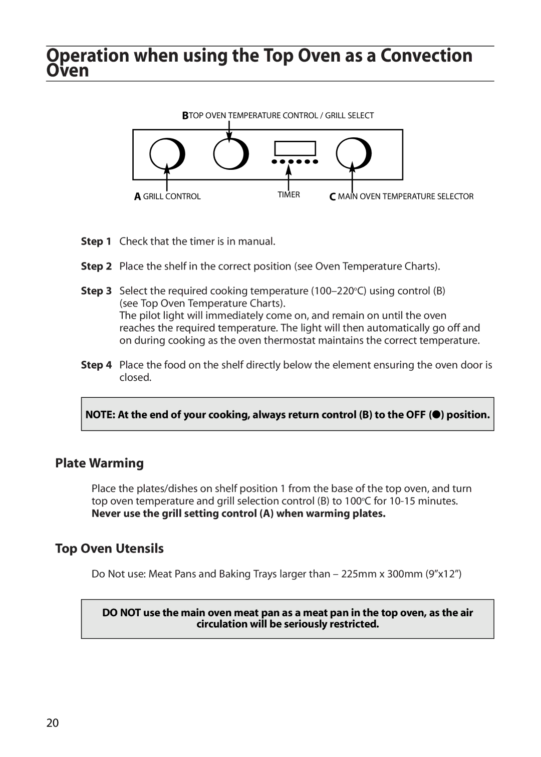 Creda S420E manual Operation when using the Top Oven as a Convection Oven, Plate Warming, Top Oven Utensils 