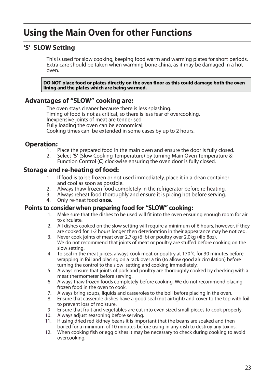 Creda S420E manual ‘S’ Slow Setting, Advantages of Slow cooking are, Operation, Storage and re-heating of food 