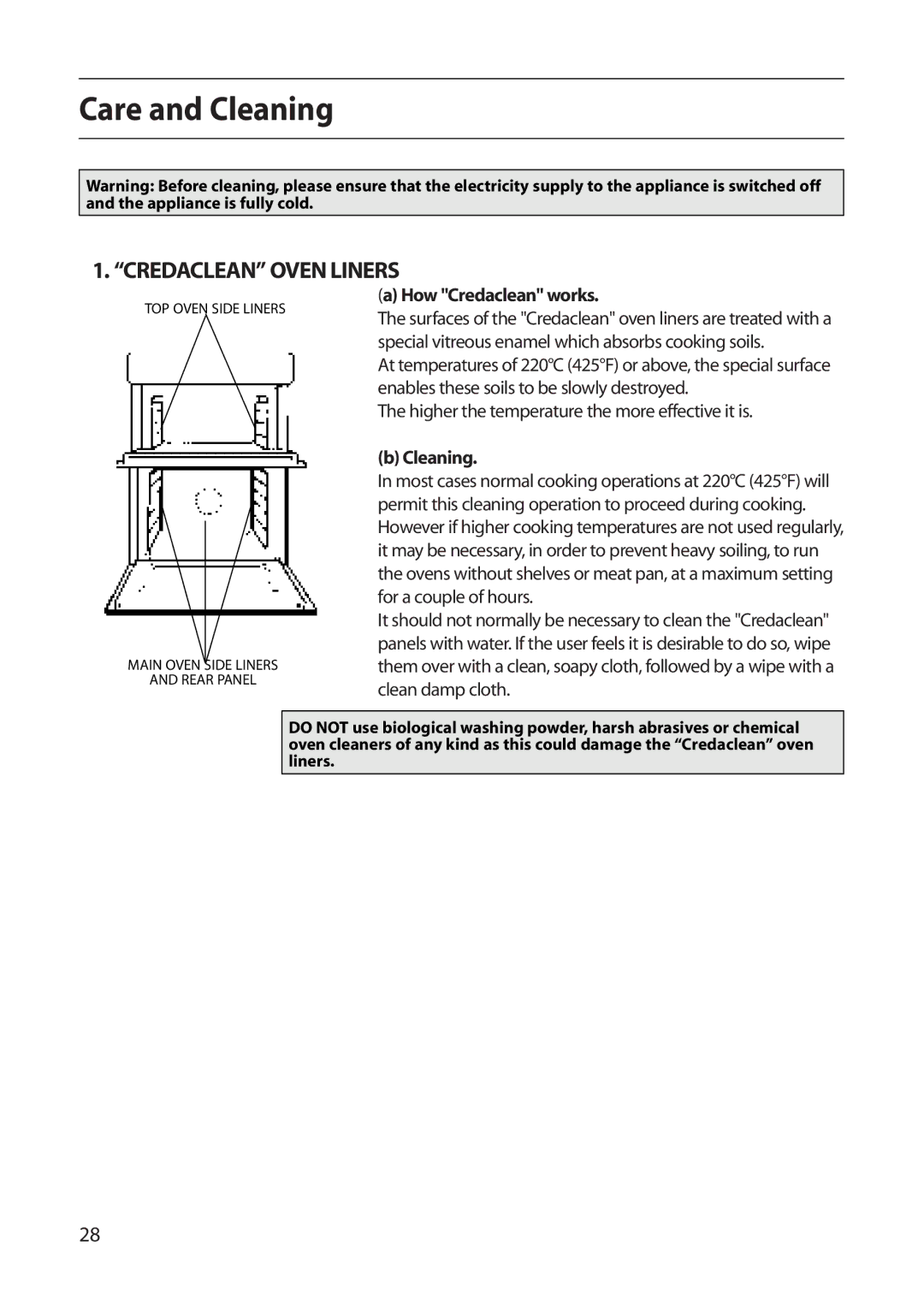 Creda S420E manual Care and Cleaning, Credaclean Oven Liners, How Credaclean works 