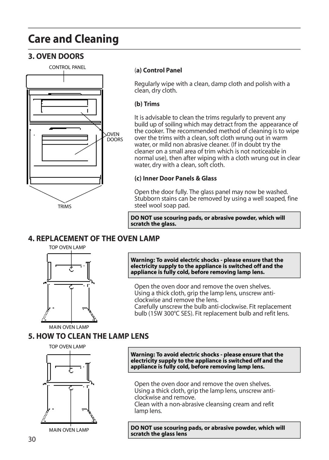 Creda S420E manual Oven Doors, Replacement of the Oven Lamp, HOW to Clean the Lamp Lens 