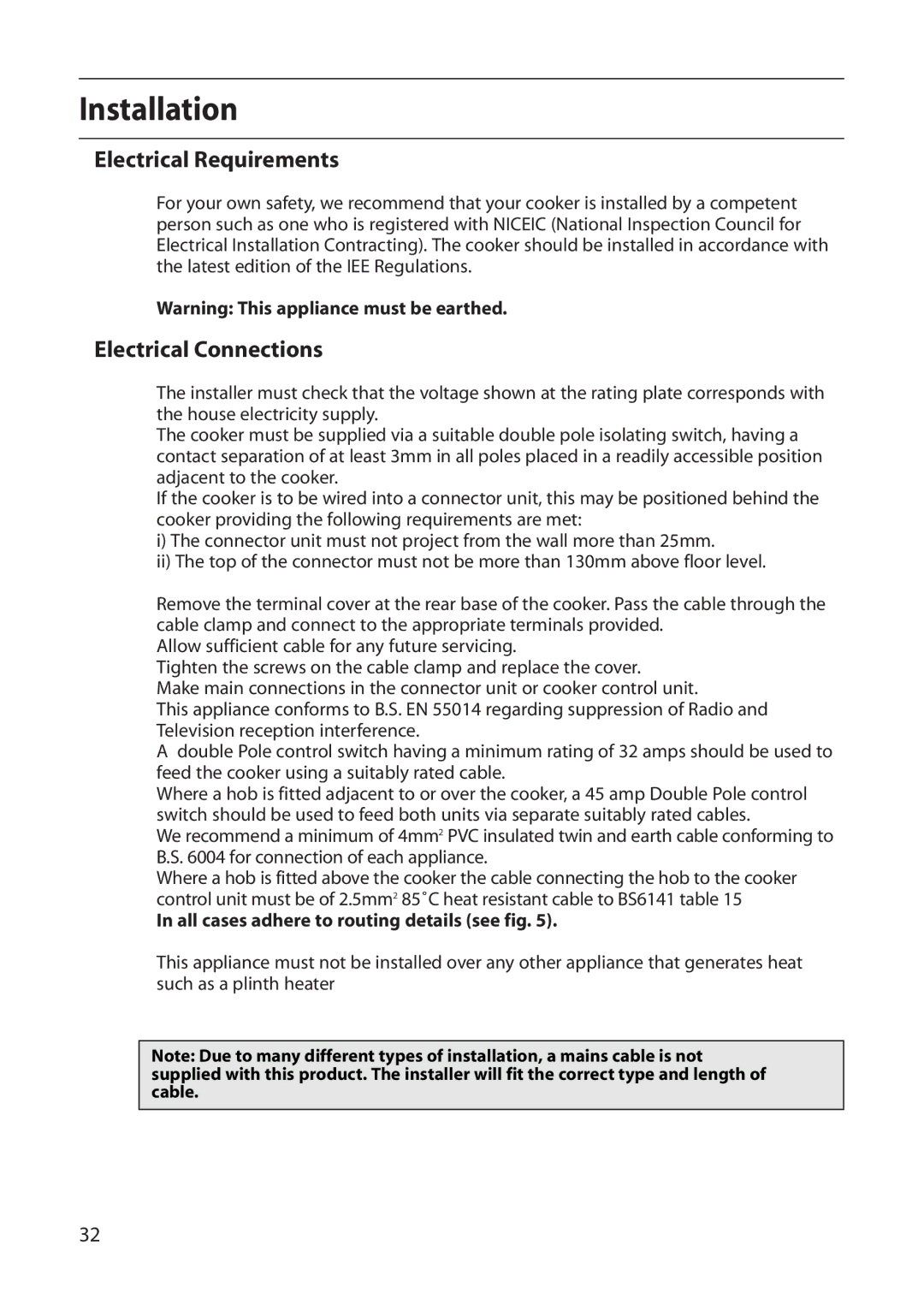 Creda S420E Installation, Electrical Requirements, Electrical Connections, All cases adhere to routing details see fig 