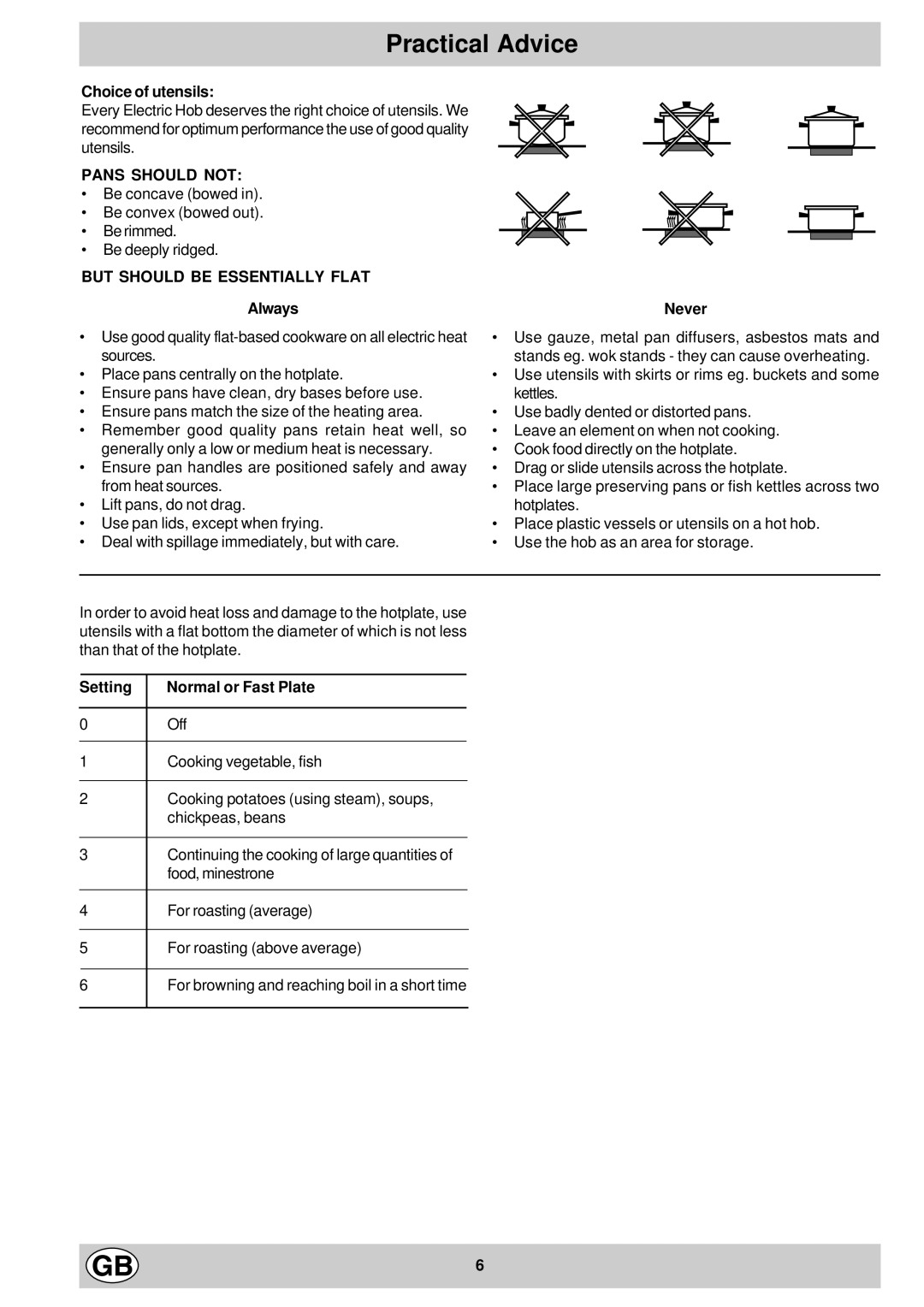 Creda S710E manual Practical Advice, Choice of utensils, Always Never, Setting 